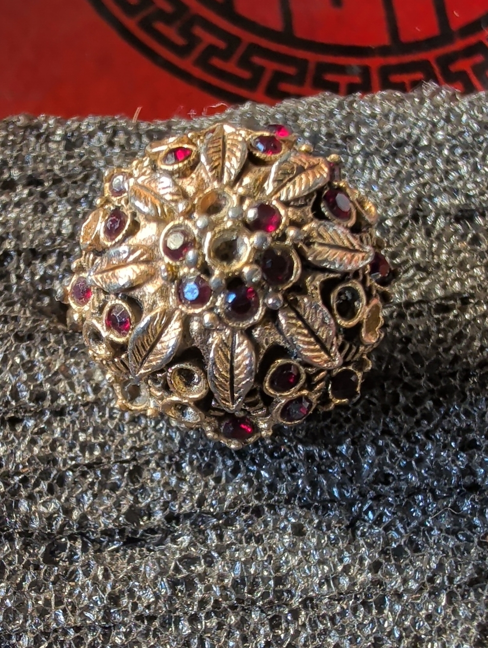 Gold-Tone Filigree Dome Ring with Red Stones